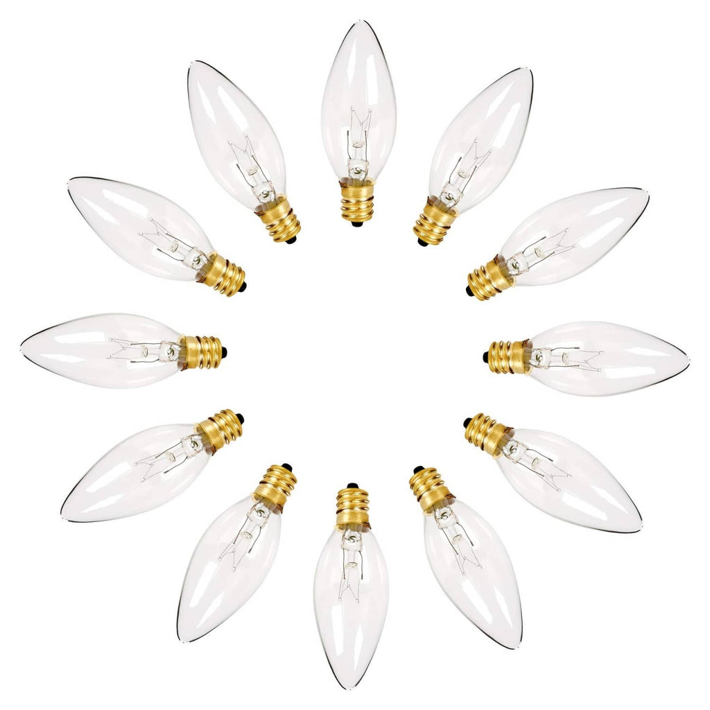 Set of clear C26 Christmas crystal bulbs with gold bases, viewed from above