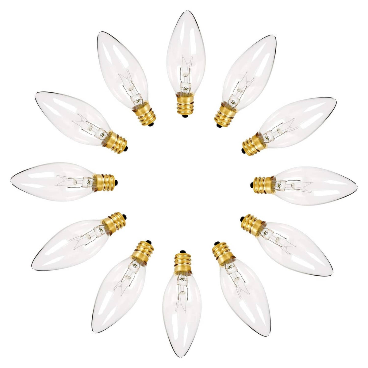 Set of clear C26 Christmas crystal bulbs with gold bases, viewed from above