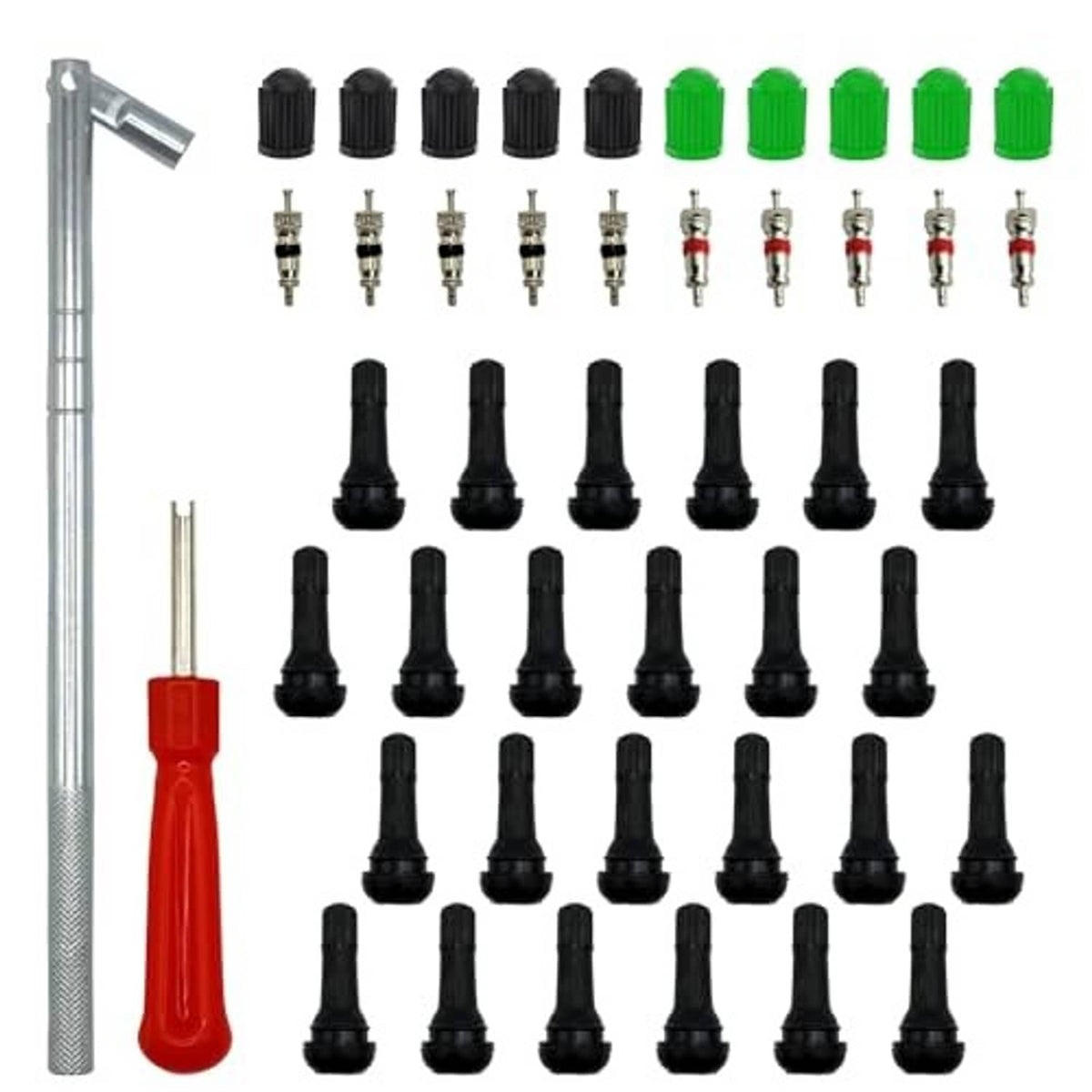 Tire valve stem set with snap-in caps and valve cores, black and green