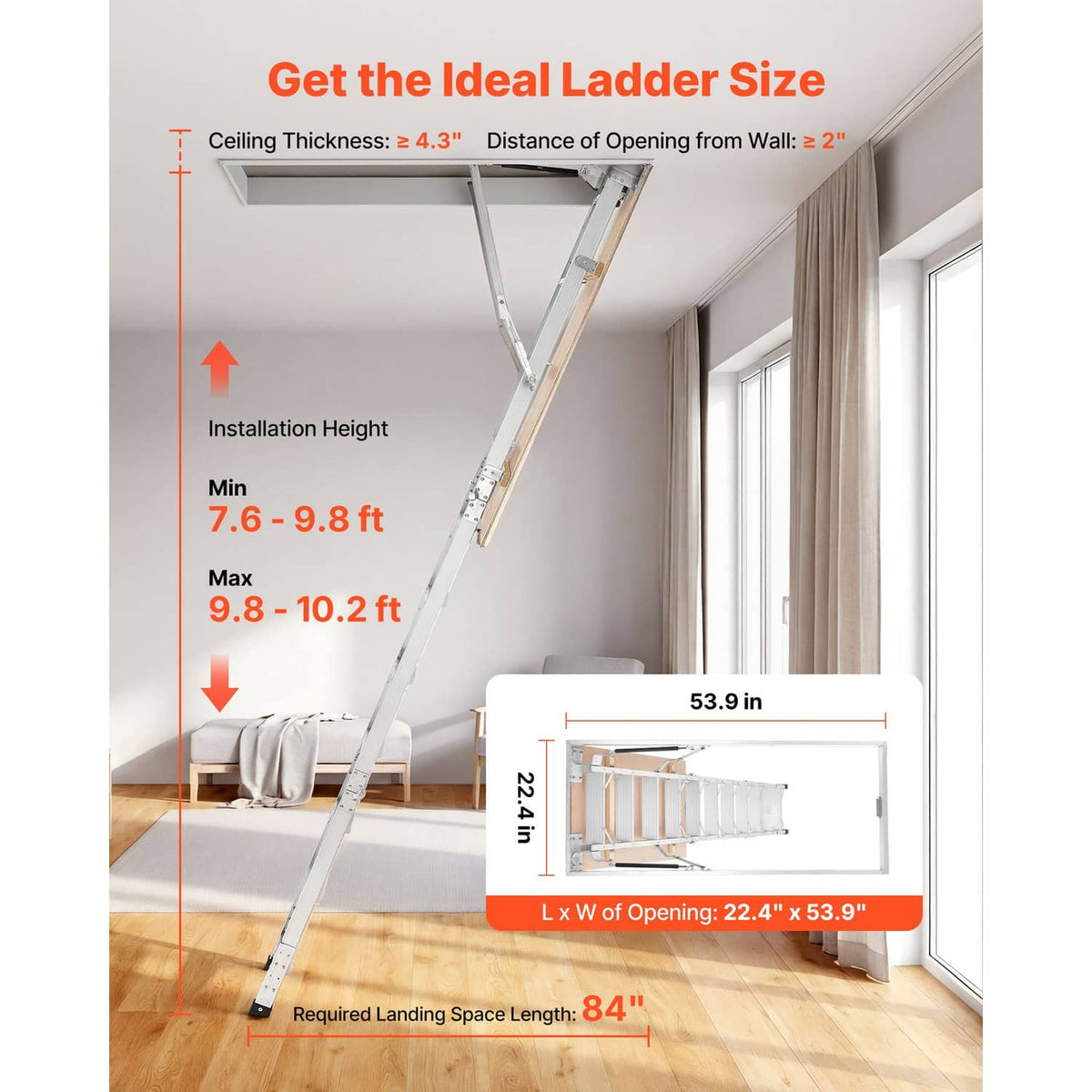 Aluminum folding attic ladder for ceiling installation with extended ladder