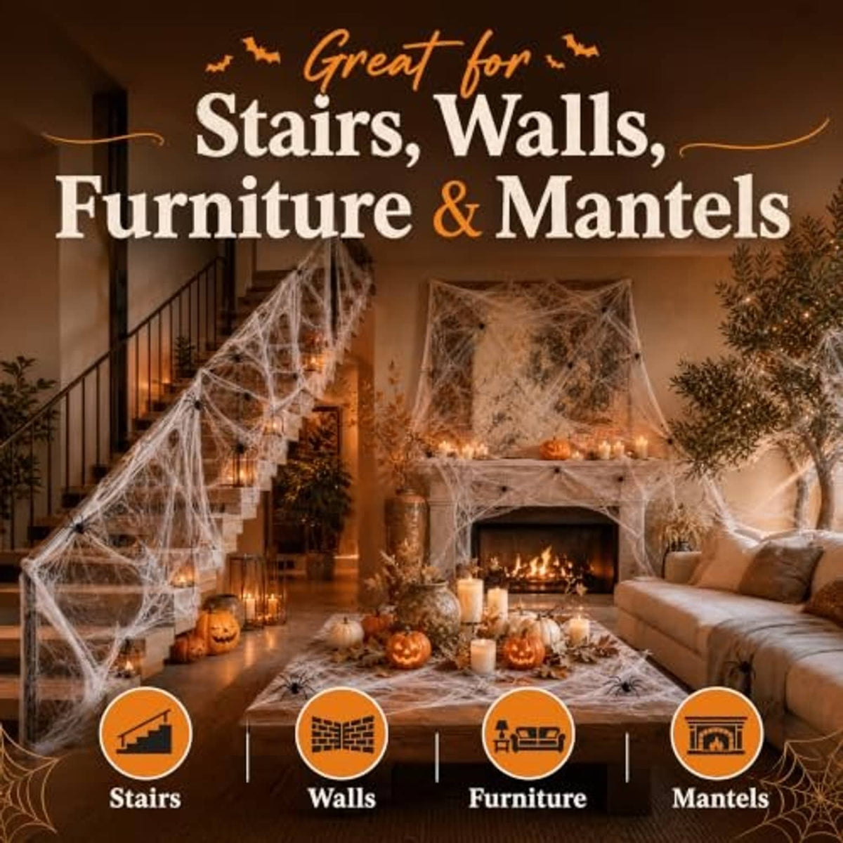 Spider webbing decoration covering stairs, fireplace mantel, and furniture with pumpkins