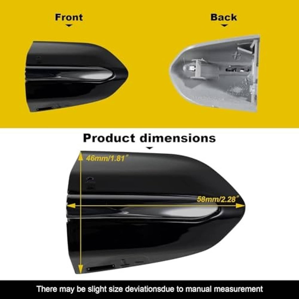 Front and back views of black door handle key hole trim cover with size diagram