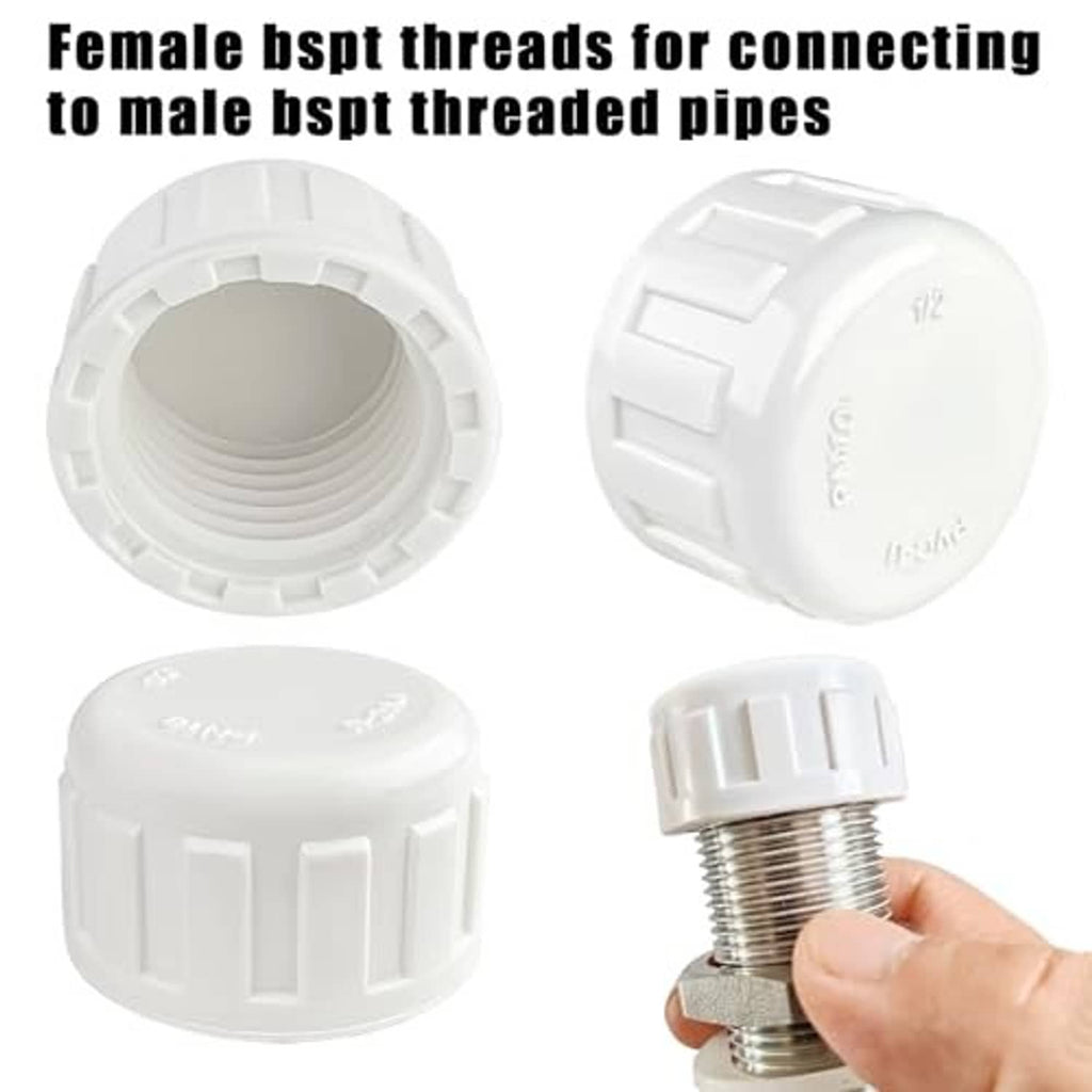 White PVC sprinkler end cap set with female BSPT threads and screw-in plug cap