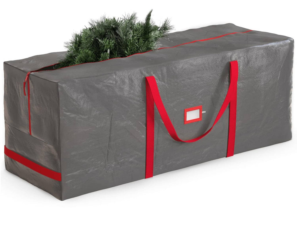 Gray Christmas tree storage bag with red carry handles and front carry panel