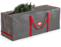 Gray Christmas tree storage bag with red carry handles and front carry panel