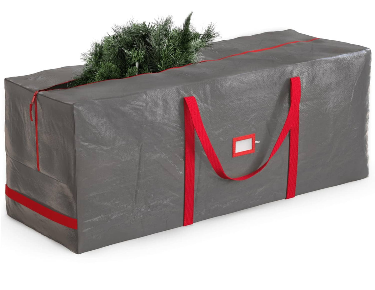 Gray Christmas tree storage bag with red carry handles and front carry panel
