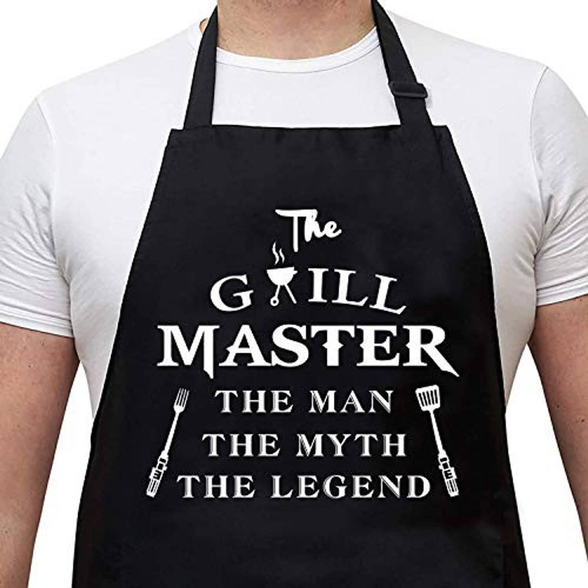 Black apron with grill master graphic print, hanging neck strap and chest bib.
