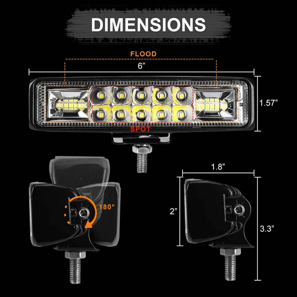 Rectangular LED light bar with black housing and side mounting bracket, size shown