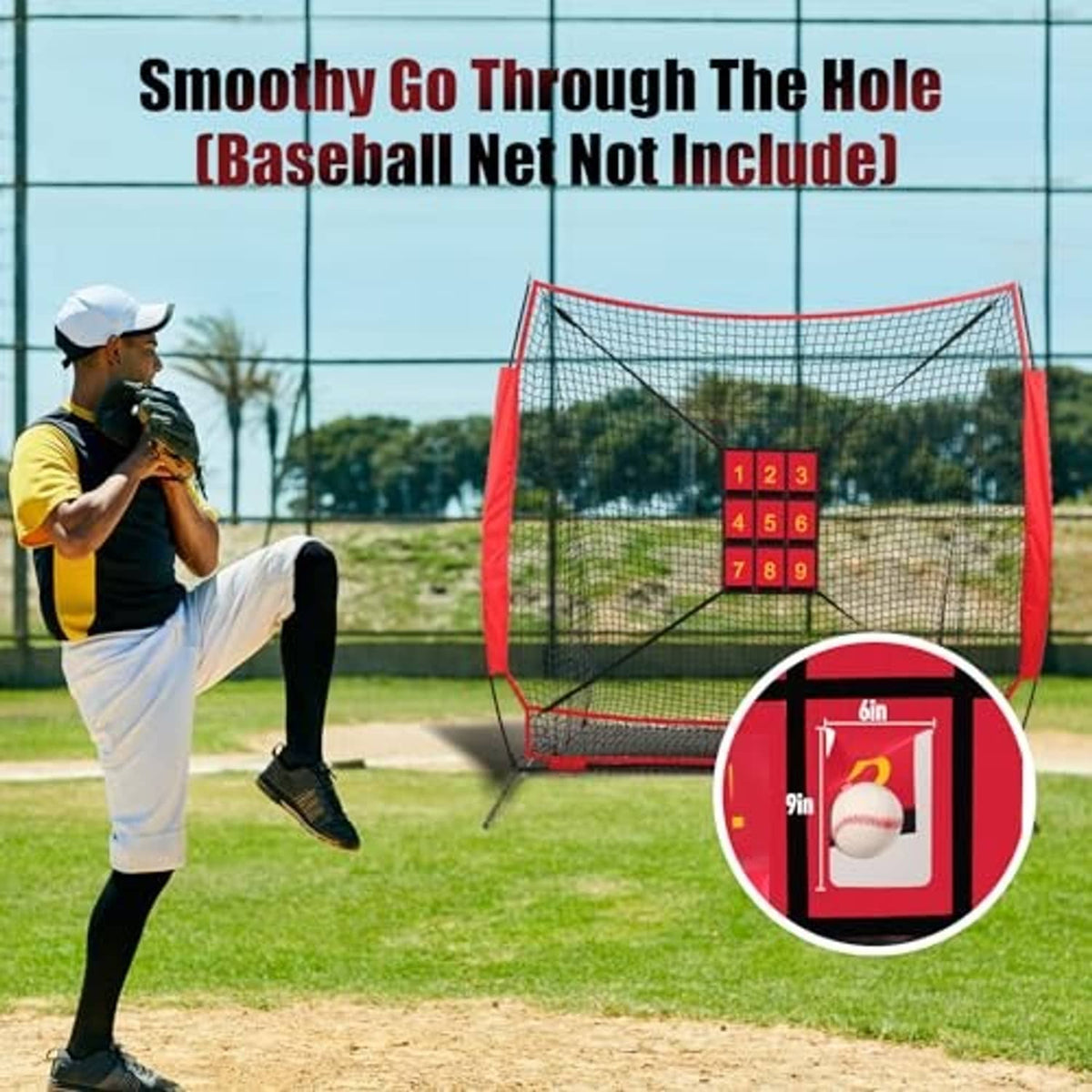 Red baseball pitching practice target net showing numbered 1–9 strike zones