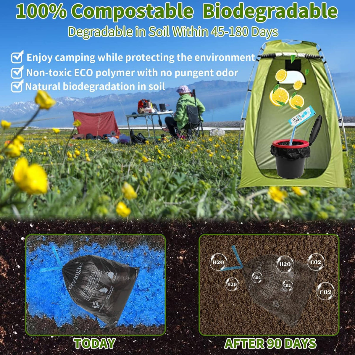 Portable toilet waste bag with red-lidded bucket and soil composting before-after panels