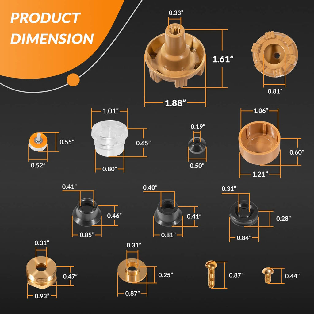 Wall hydrant repair kit parts with size and dimension silhouettes
