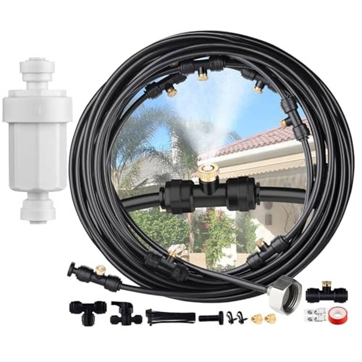 Outdoor patio misting system hose kit with multiple nozzles and brass connectors, black