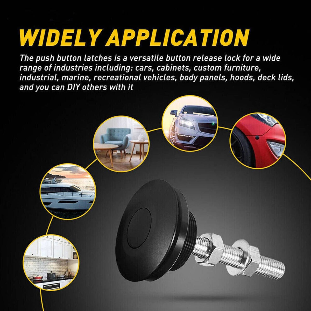 Hood latch pin set for wide applications, showing black cap and dual-threaded studs