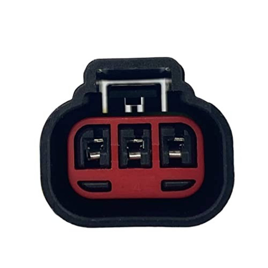 Camshaft position sensor connector with three pin ports, red insert and black casing