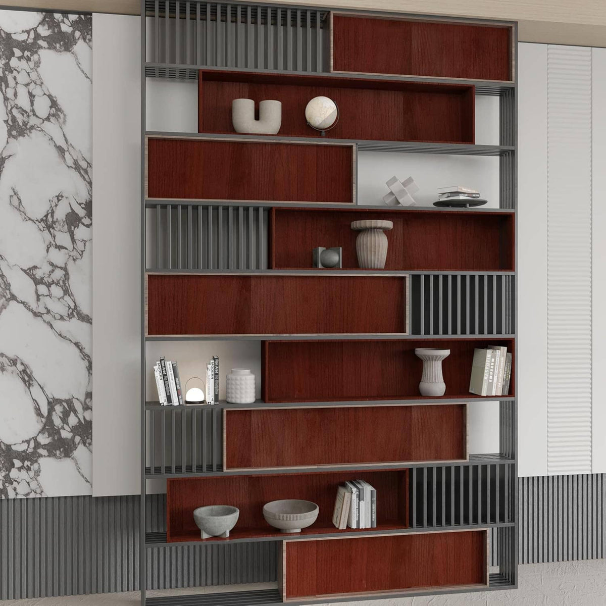 Cherry wood contact paper with woodgrain shelves in modern storage wall