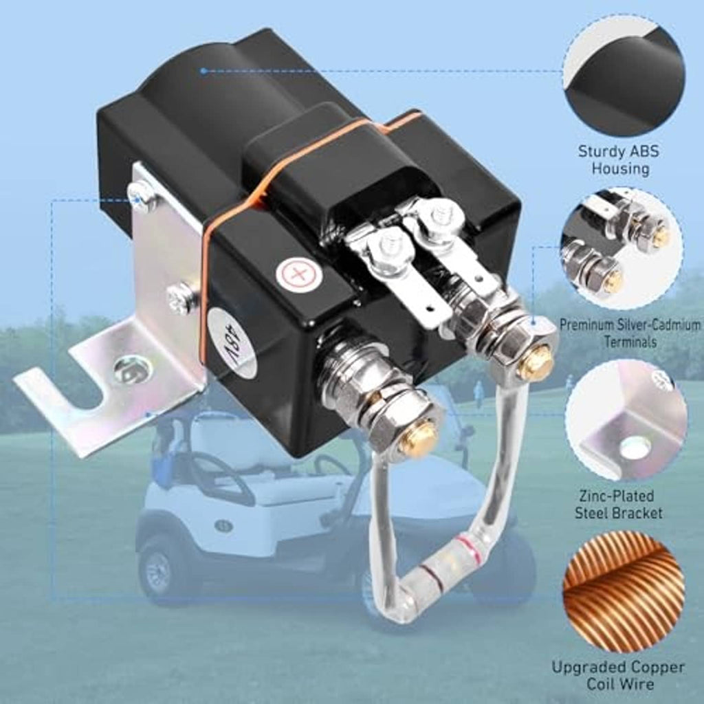 48V black solenoid with ABS housing, silver terminals, and braided cable leads