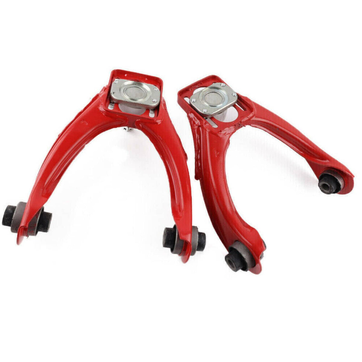 Pair of red front adjustable camber control arms with camber mounting plates