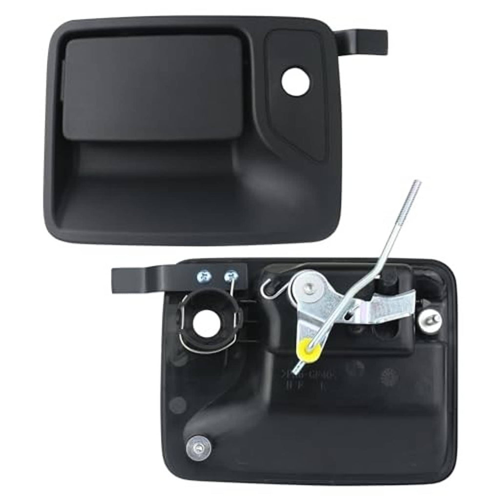 Black exterior door handle with latch mechanism and attached connecting rod