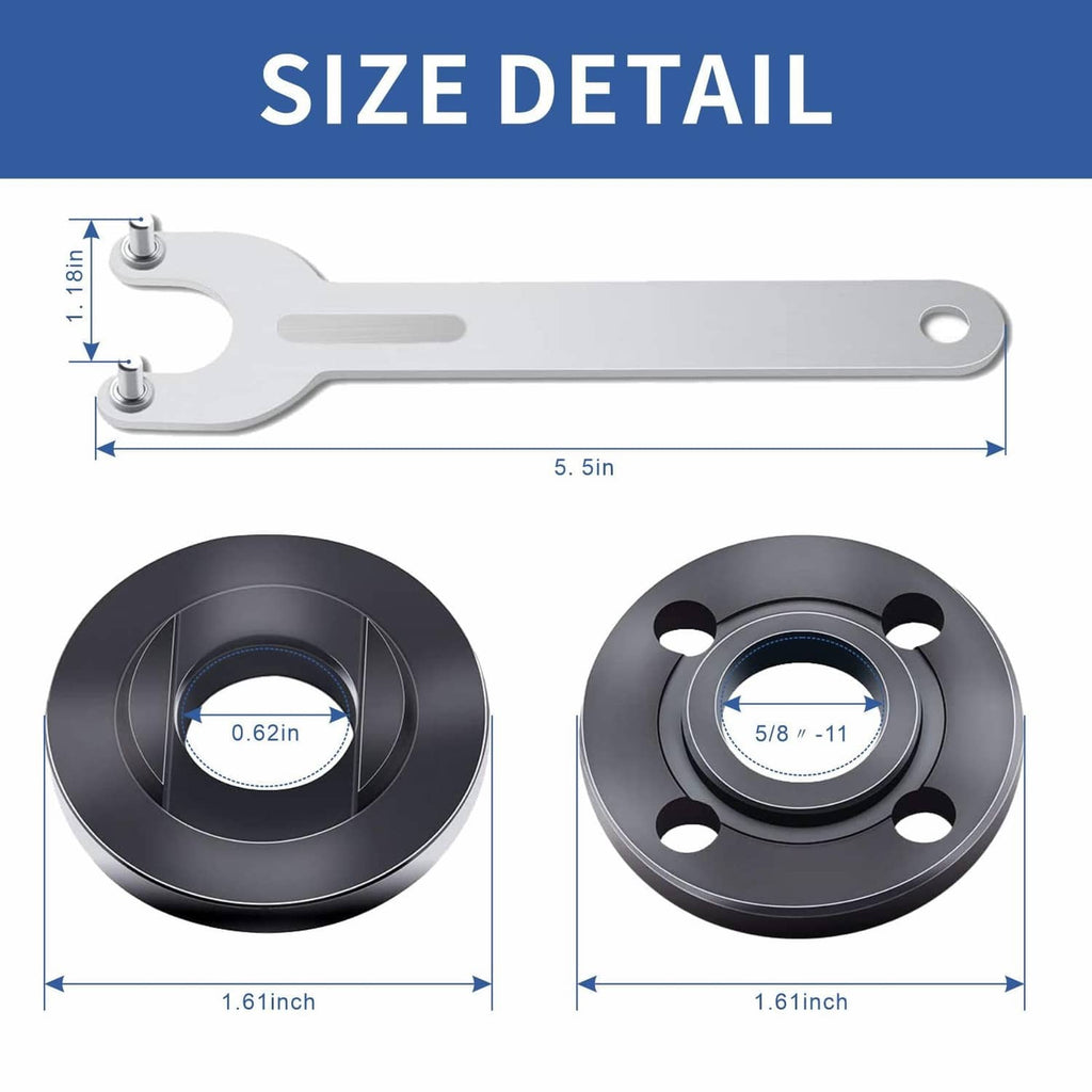 Size detail for flange lock nut tool: metal wrench length and 5/8-11 nut profiles