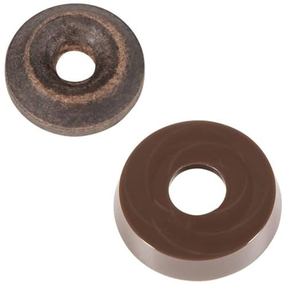 Floor jack seal washers: dark rust and brown rubber disks with center holes