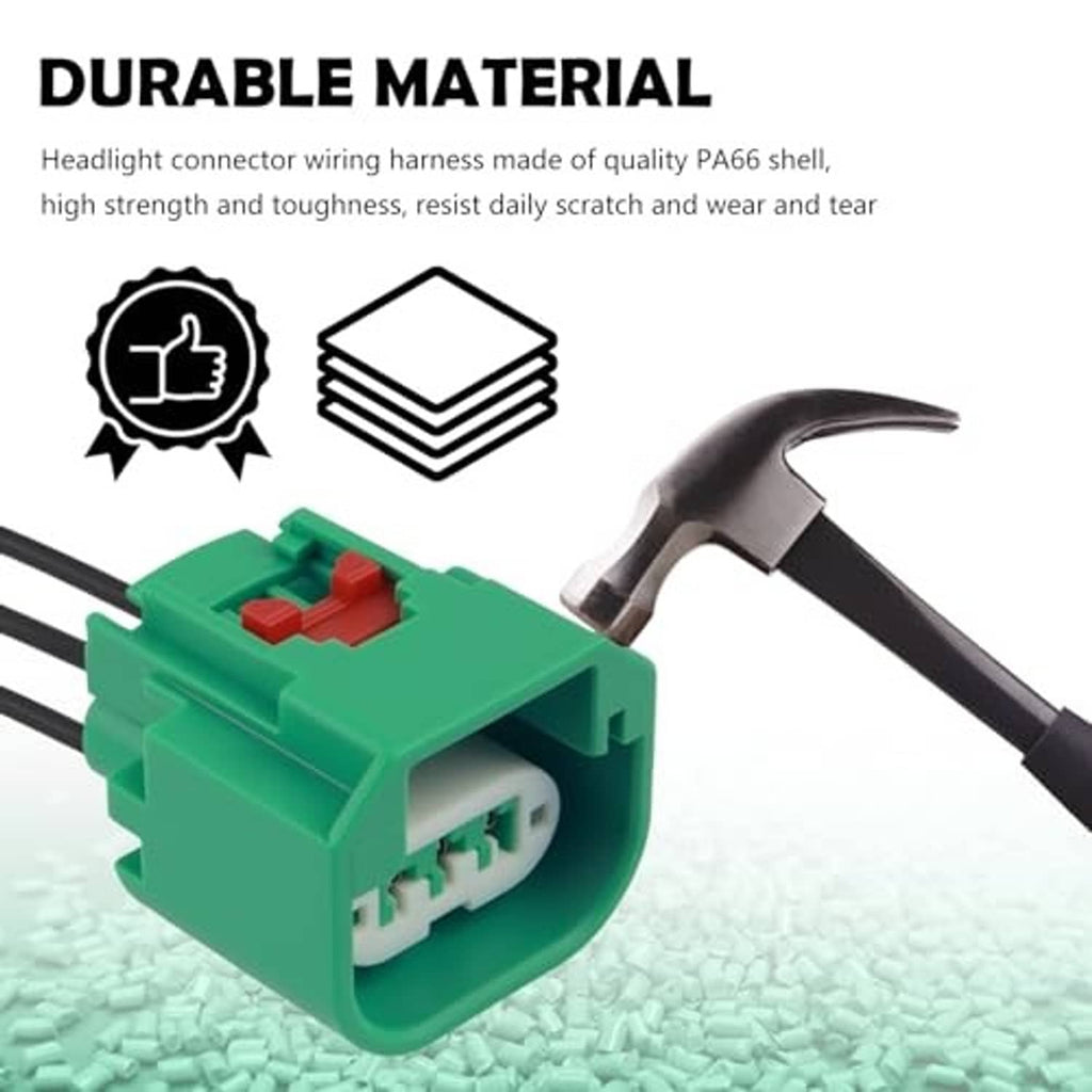 Green headlight connector plug with black wires and red insert, with crimp pliers