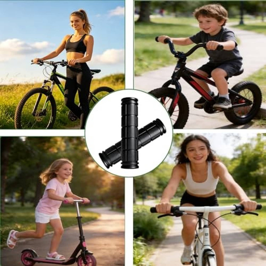 Black bike handlebar grips shown in inset circle, textured non-slip rubber