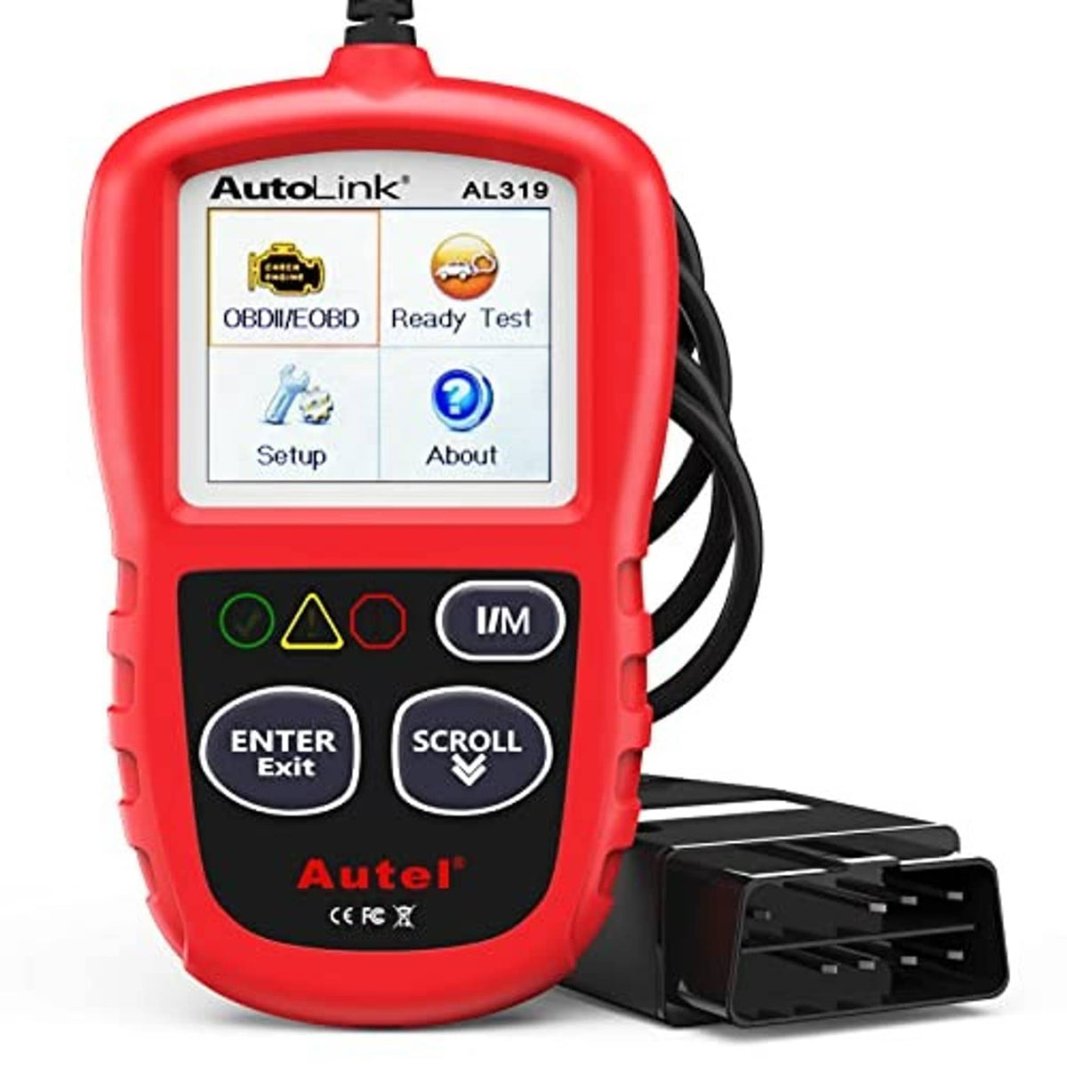 Red handheld OBD2 scanner with LCD screen, control buttons, and connected OBD plug