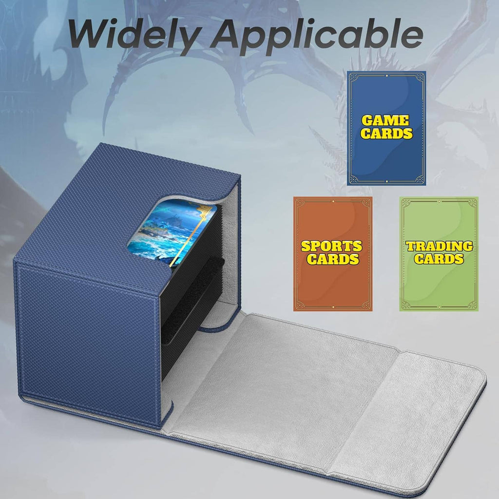 Blue card deck box with open lid on a felt mat, gray inner tray.