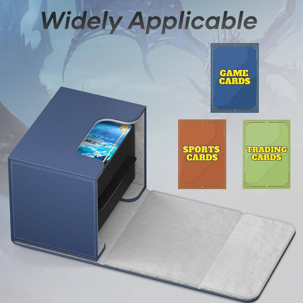 Blue card deck box with open lid on a felt mat, gray inner tray.