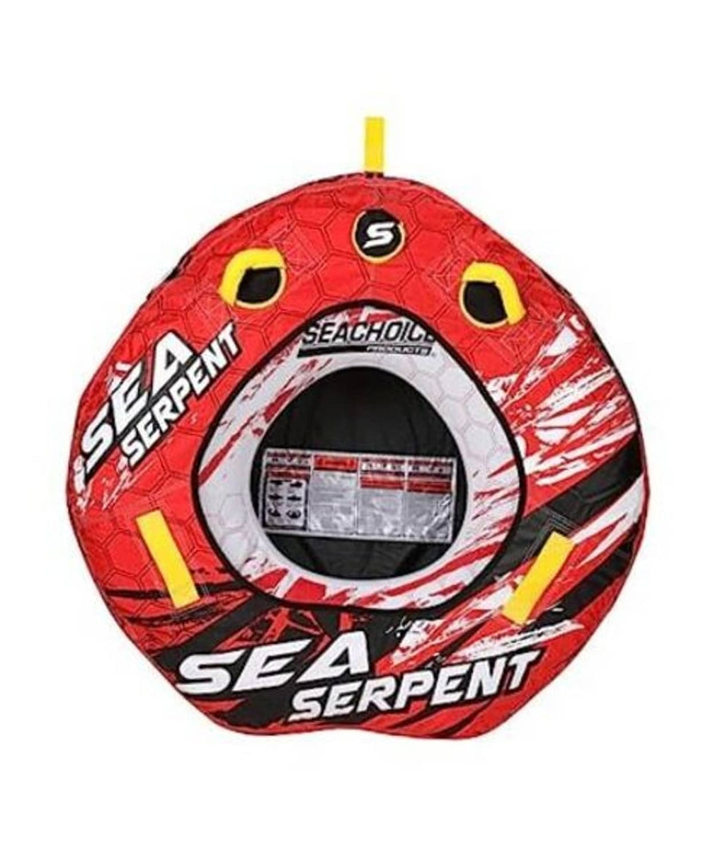 Red Sea Serpent open-top towable tube with yellow grab handles
