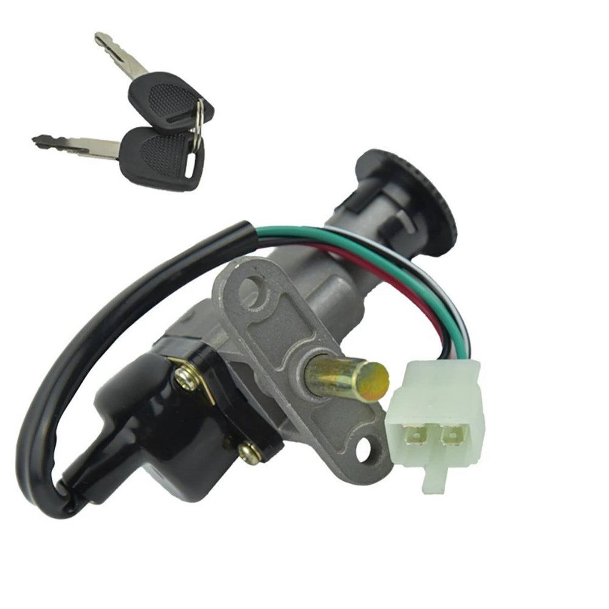 Fuel cap ignition switch with two keys, wire leads, and electrical connector