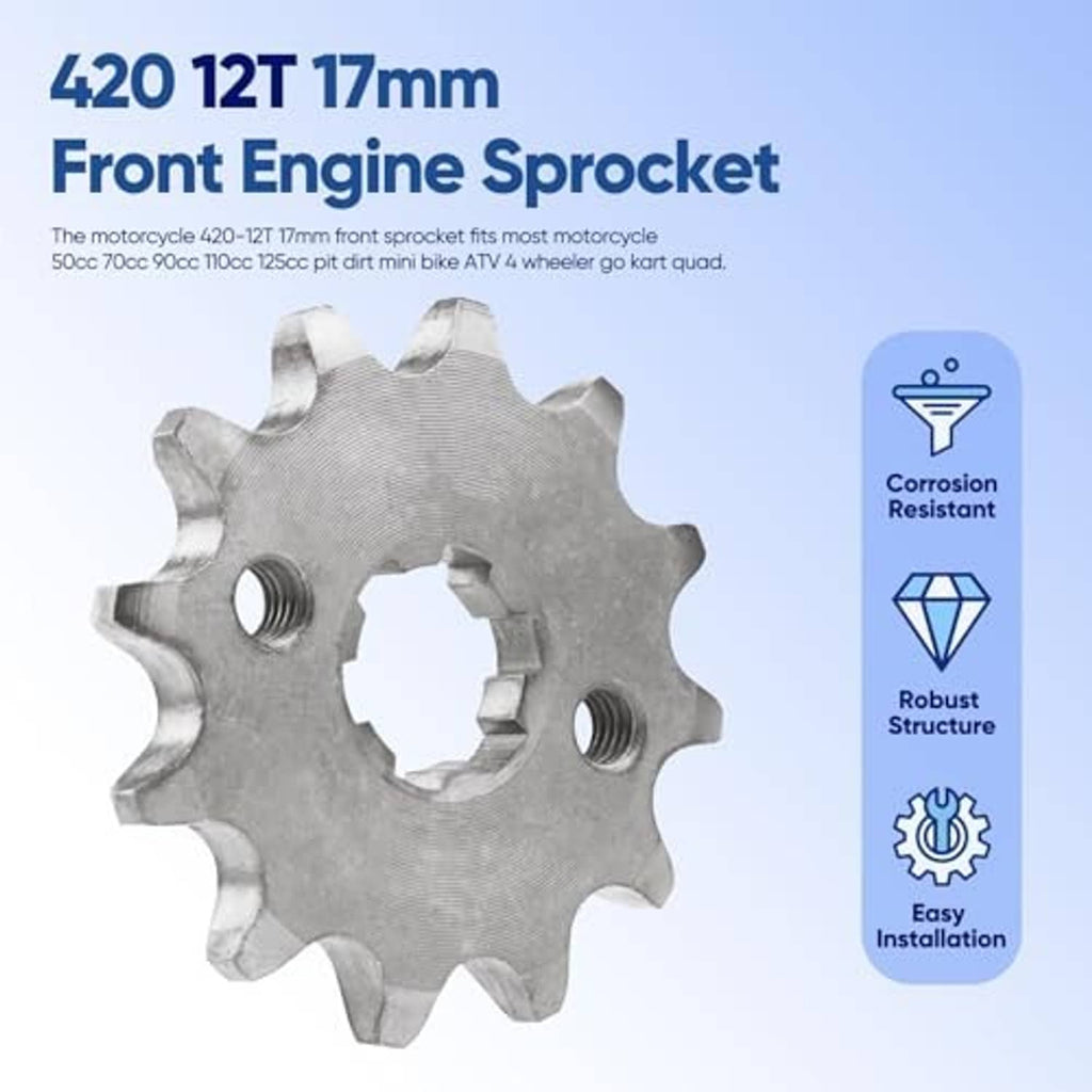 Silver front engine sprocket with 420-12T marking, central hub opening, and threaded mounting holes