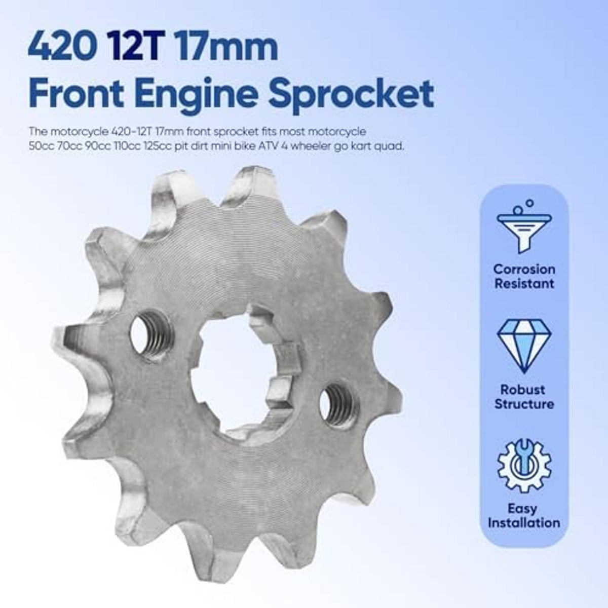 Silver front engine sprocket with 420-12T marking, central hub opening, and threaded mounting holes