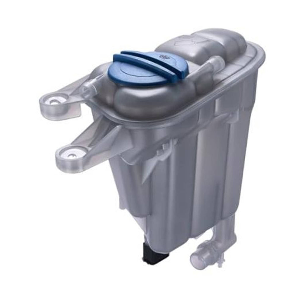 Grey coolant expansion overflow tank with blue cap and metal mounting tabs