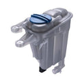 Grey coolant expansion overflow tank with blue cap and metal mounting tabs