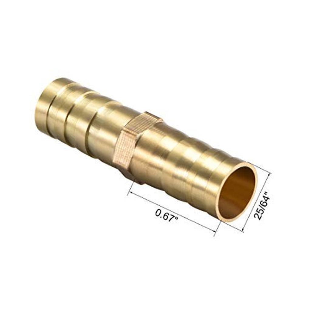 Brass straight barb hose splicer fitting with labeled length and hose end size