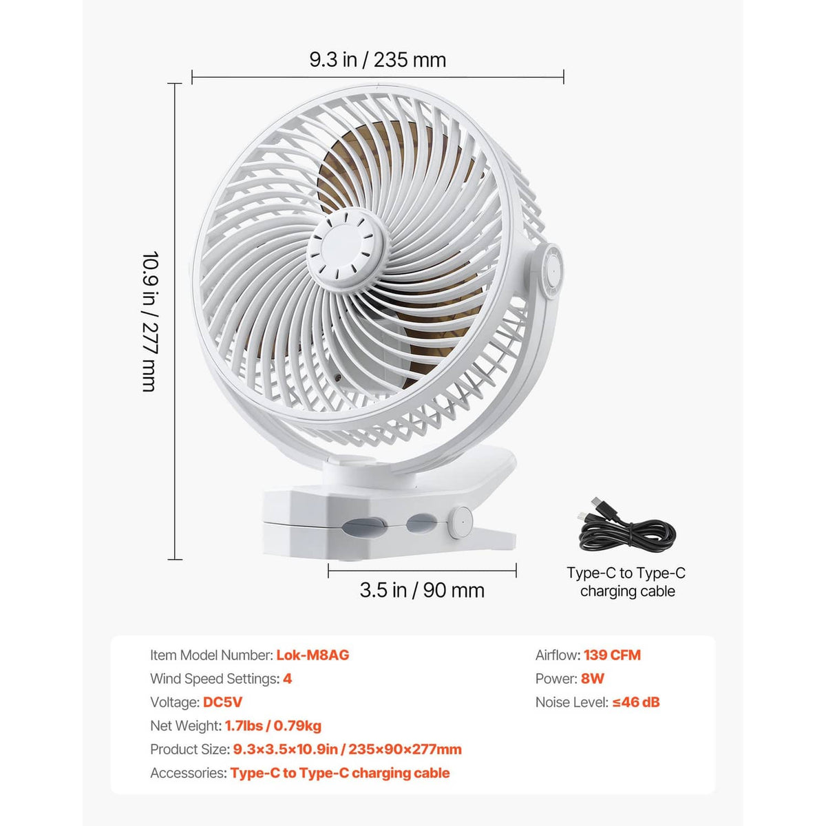 White rechargeable USB fan dimensions view with grille, base, and Type-C cable