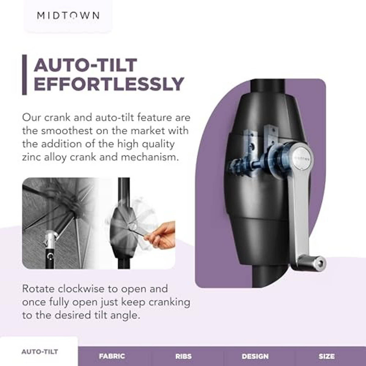 Patio umbrella auto-tilt mechanism with crank and tilt housing on pole