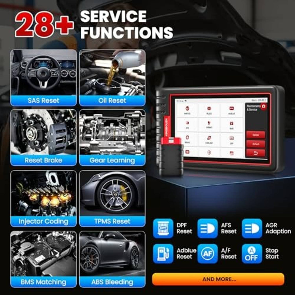 28+ service functions graphic showing reset options like SAS, oil, and TPMS