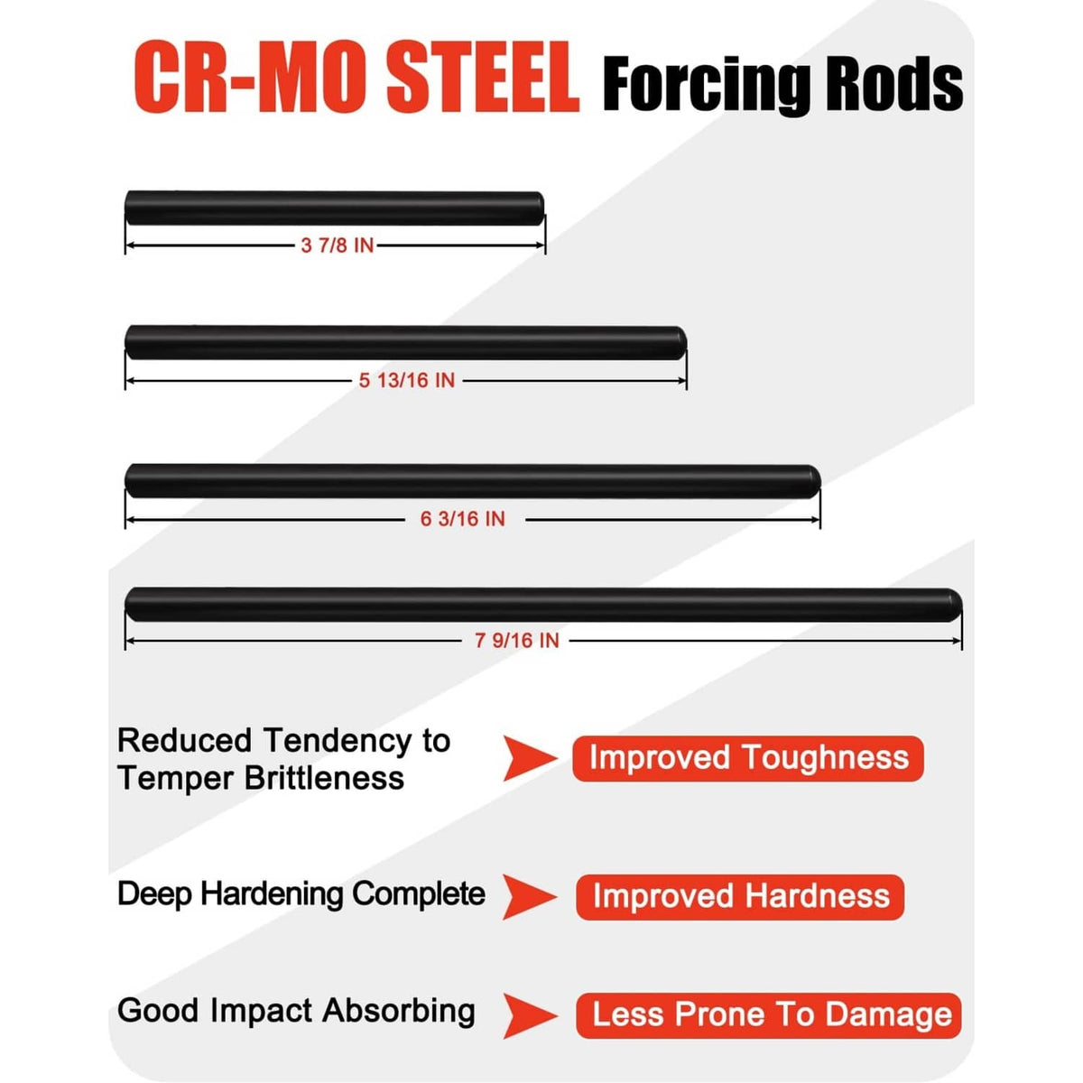 CR-MO steel forcing rods in black with length markings