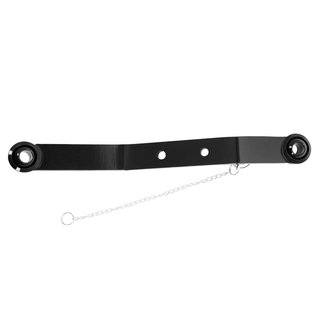 Black 3-point hitch lift arm with center holes and chain, shown from side