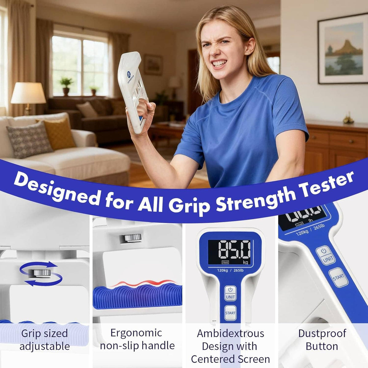 Woman using a digital grip strength tester, holding the hand dynamometer with LCD