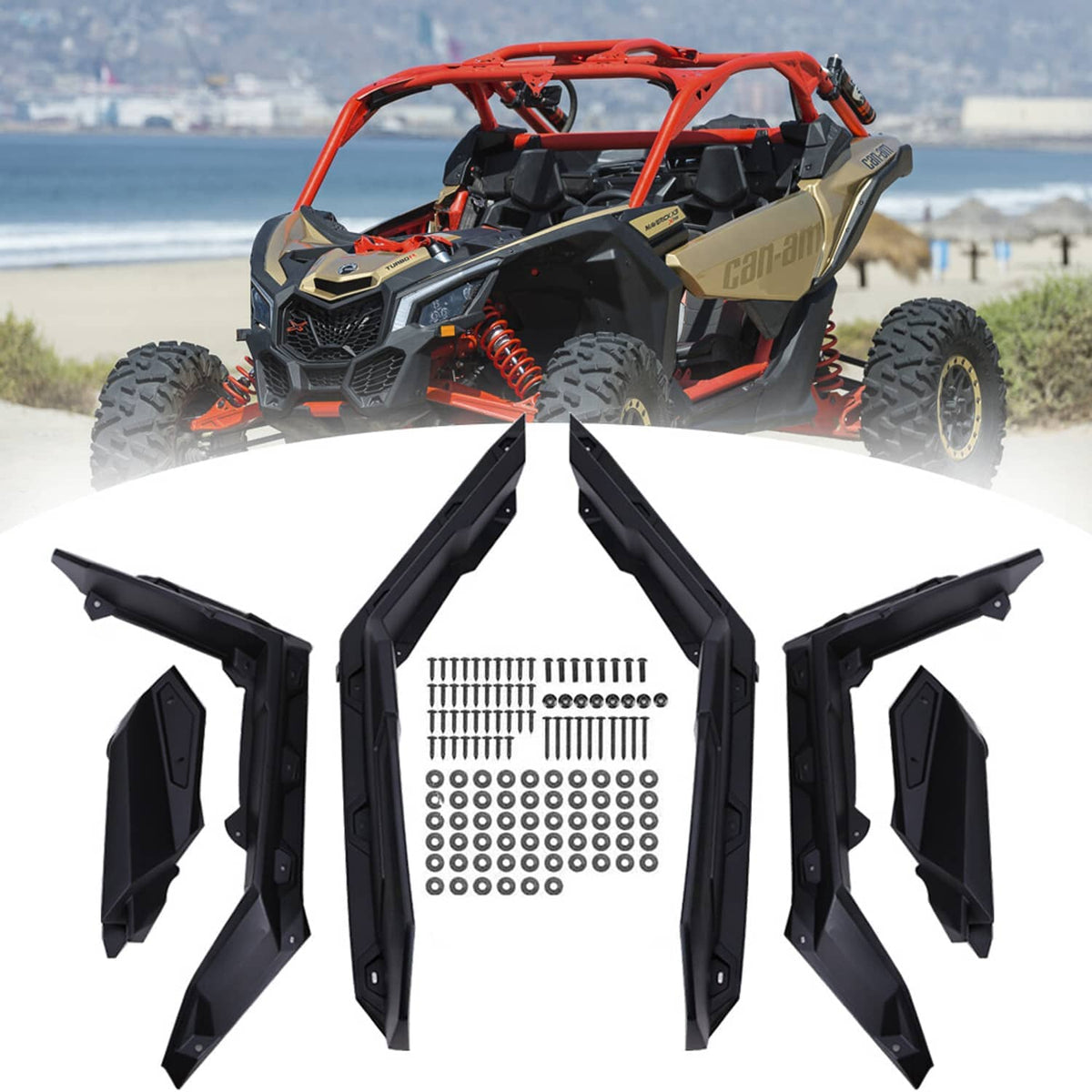 Black mud guard flap set with mounting hardware shown on a vehicle