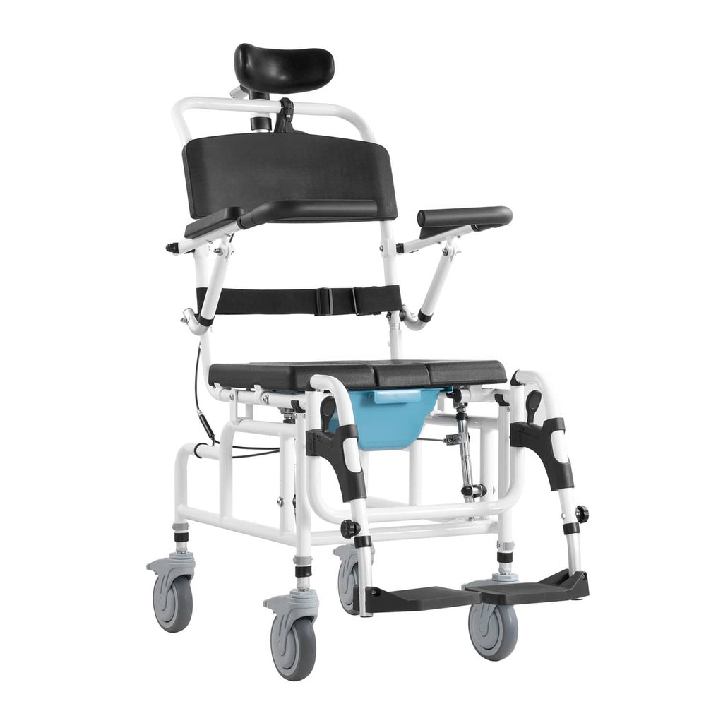Shower commode wheelchair with black padded seat, backrest, and white frame
