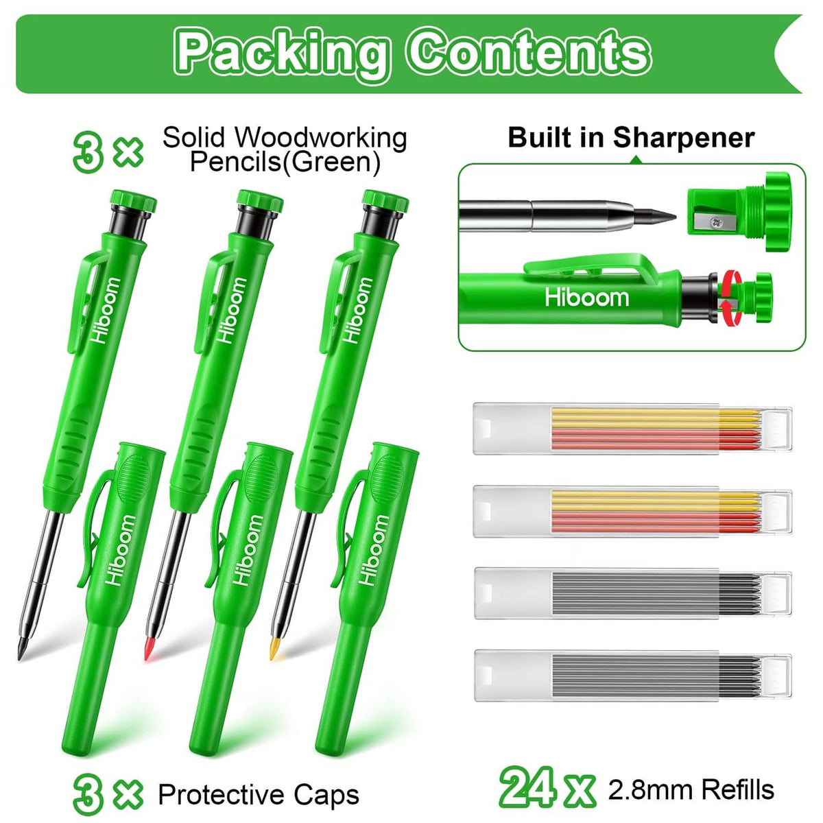 3-pack solid woodworking pencils with green barrels and built-in sharpener, with 24 refills