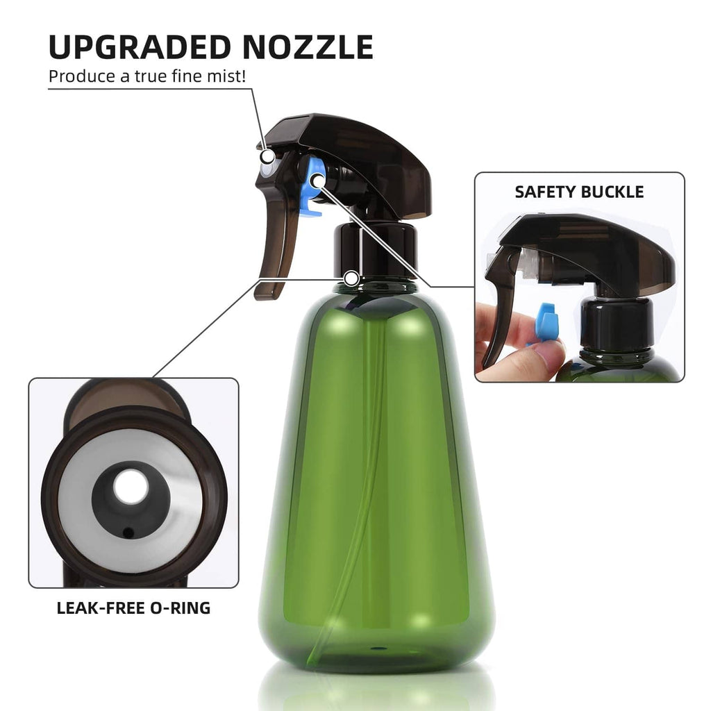 Green plant spray bottle with black nozzle, blue trigger insert, and leak-proof ring