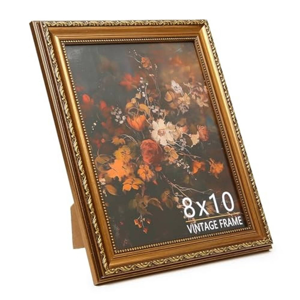 8x10 vintage picture frame in bronze gold with ornate edge and tabletop display angle