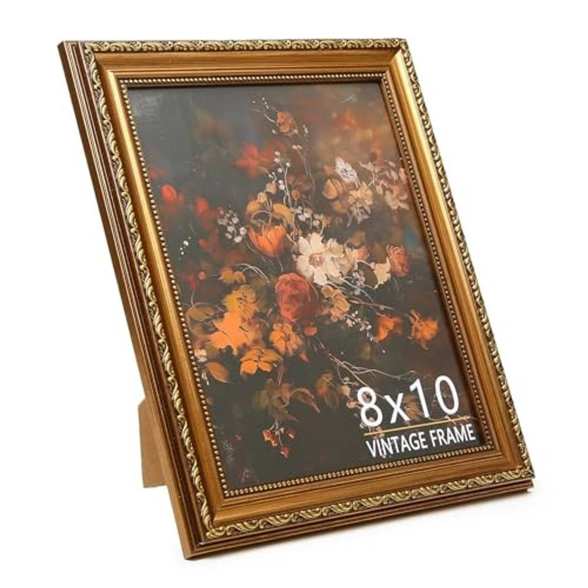 8x10 vintage picture frame in bronze gold with ornate edge and tabletop display angle