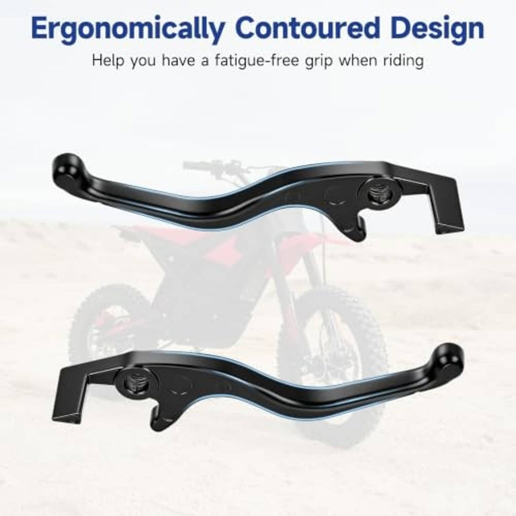 Black aluminum e-bike brake lever pair with ergonomic curved shape and thumb perch