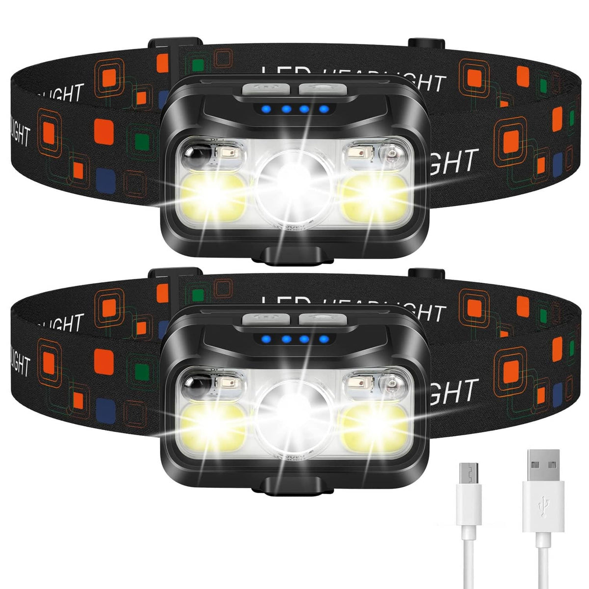 Black rechargeable headlamp set with two adjustable bands and bright triple LED lights